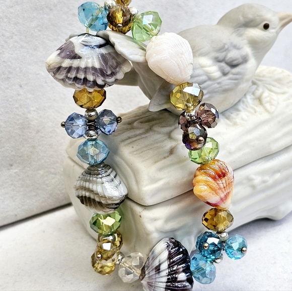 Glass Bead Seashell Bracelet Stretchy - Picture 4 of 15